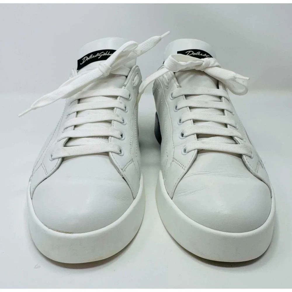 Dolce & Gabbana Portofino Logo Leather Sneakers White Black Men's 9 CS1600 Luxe